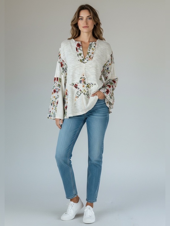 POL Tops - POL Multicolor Floral V-Neck Oversized Slub Knit Star Patch Pull Over Top Size M